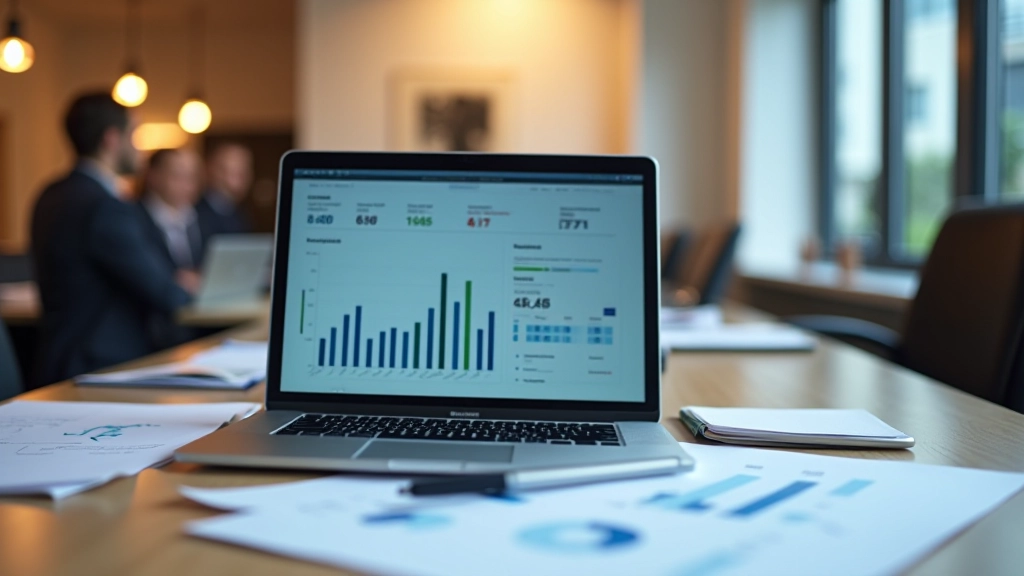 Bureau moderne avec ordinateur affichant des graphiques de commerce international et documents d'analyse commerciale